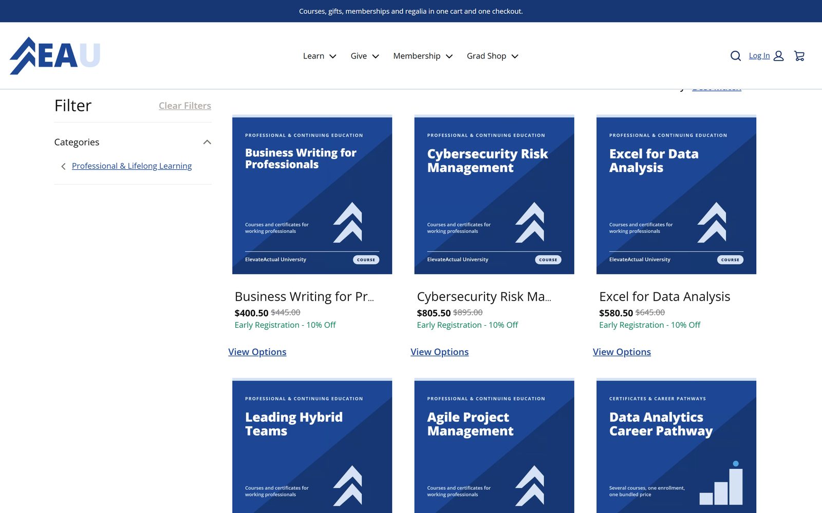 Course grid with early registration pricing on the ElevateActual University storefront