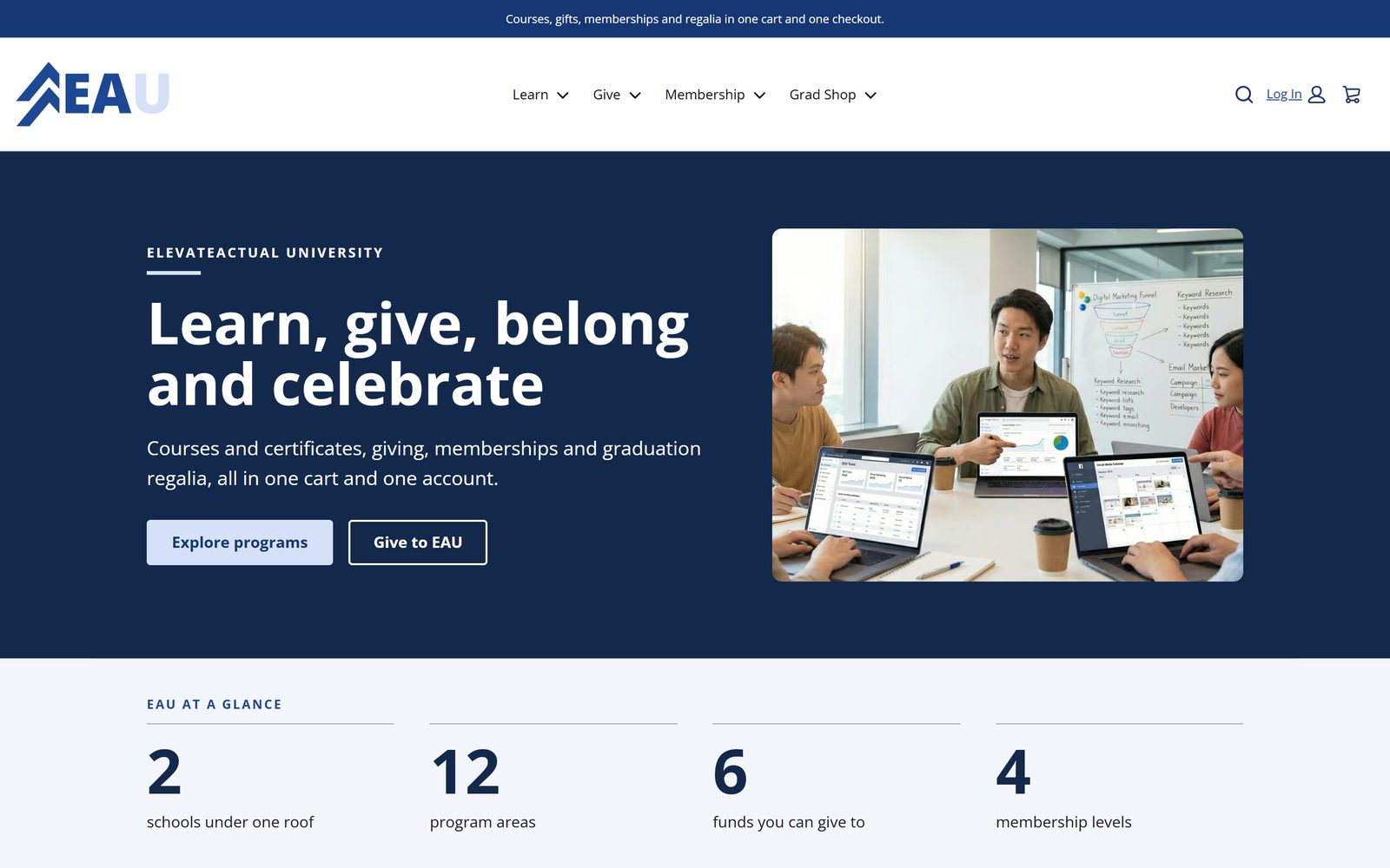 ElevateActual University demo storefront home page with program search and giving